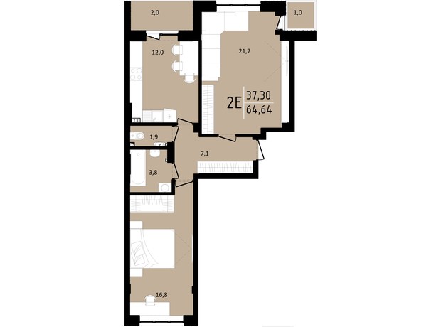 ЖК Тріумф  II: планування 2-кімнатної квартири 64.64 м²