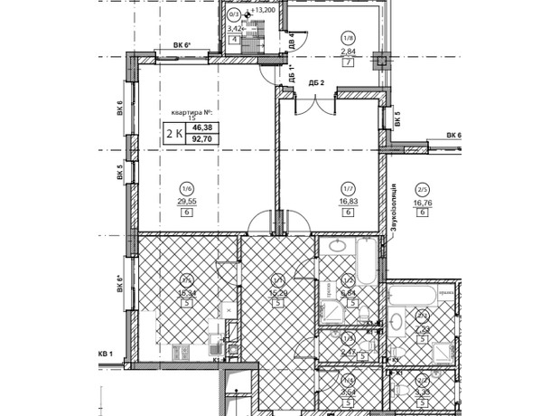 ЖК Озера Йозефа: планування 2-кімнатної квартири 92.7 м²