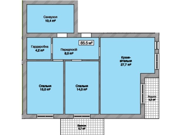 ЖК Княжий: планування 2-кімнатної квартири 85.5 м²