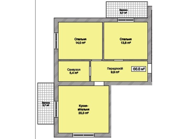 ЖК Княжий: планування 2-кімнатної квартири 66.8 м²