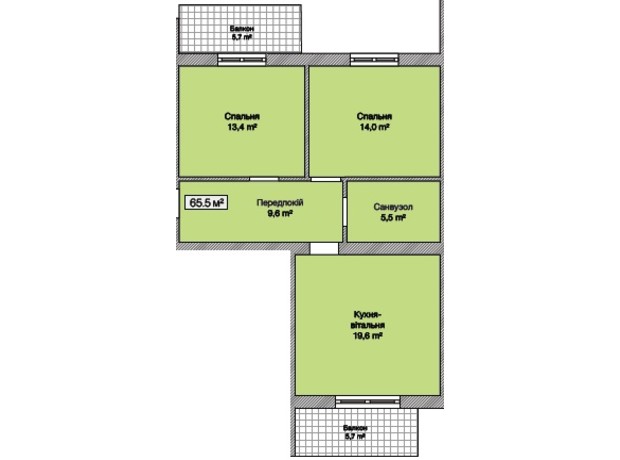 ЖК Княжий: планування 2-кімнатної квартири 65.5 м²