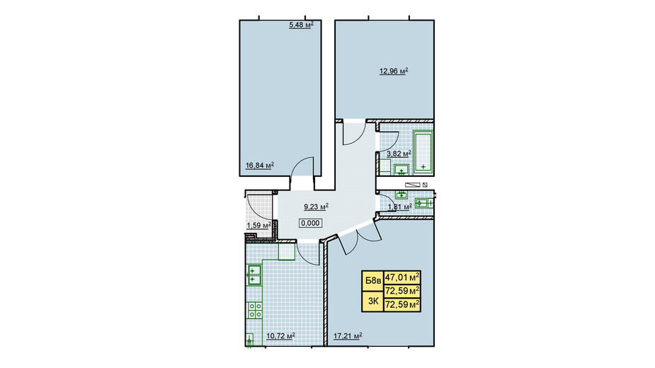 Планування 3-кімнатної квартири в ЖК Millennium 74.9 м², фото 364724