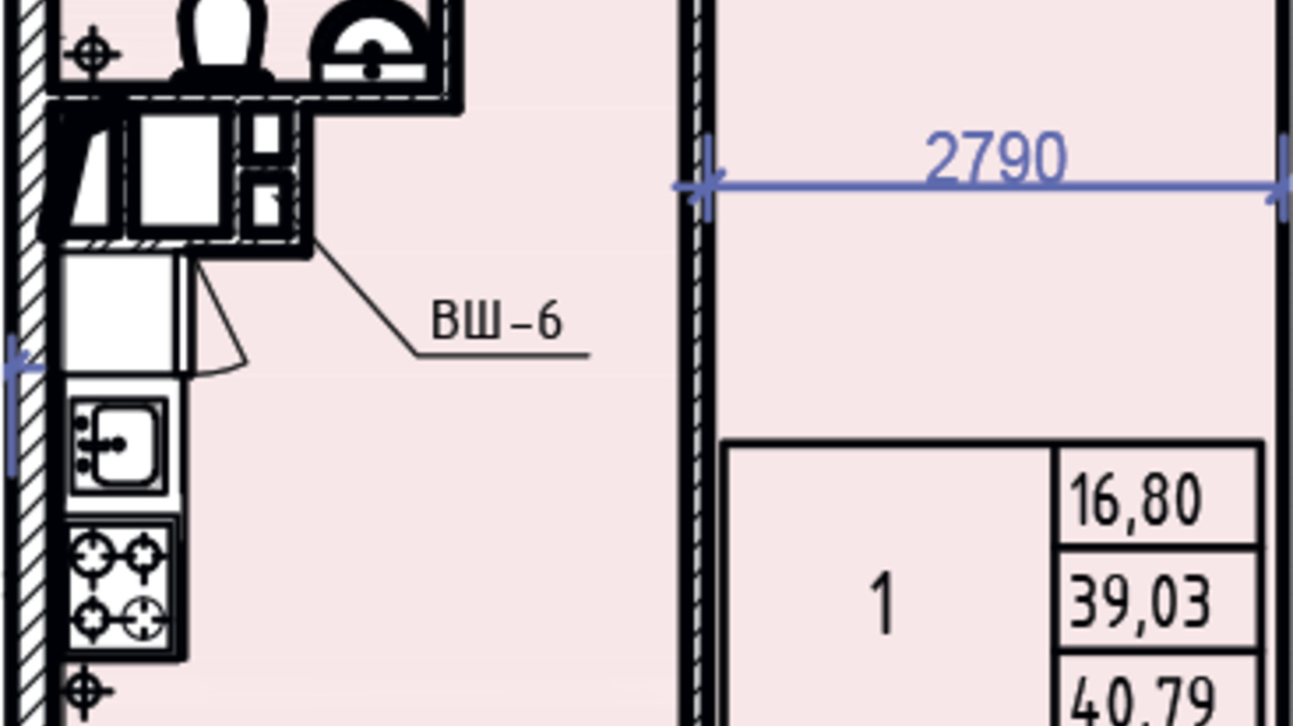 Планировка 1-комнатной квартиры в ЖК Авиационный 40.79 м², фото 364726