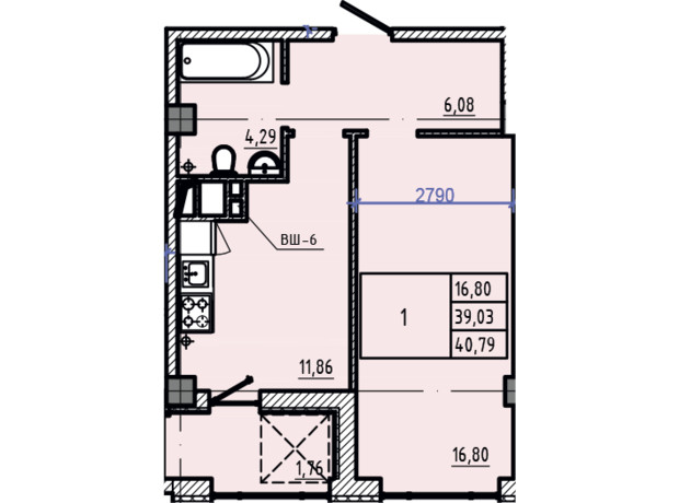 ЖК Авіаційний : планування 1-кімнатної квартири 40.79 м²