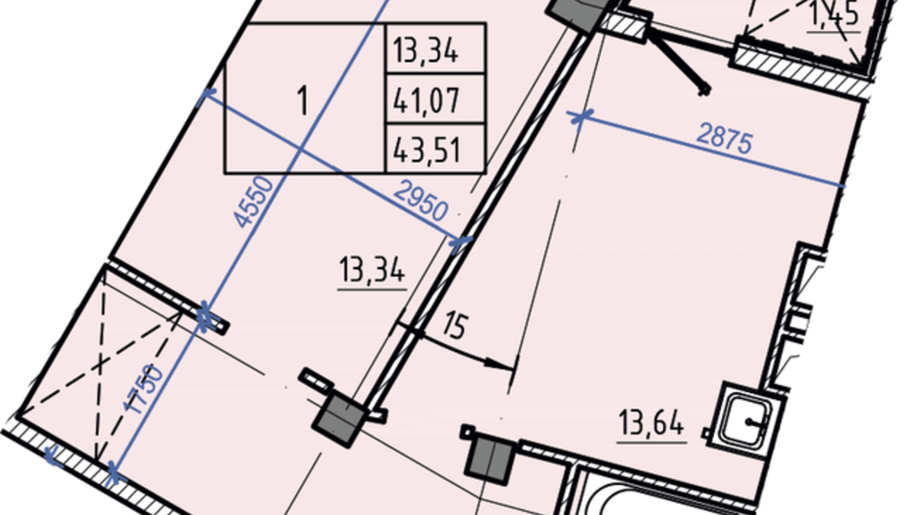 Планировка 1-комнатной квартиры в ЖК Авиационный 43.51 м², фото 364728