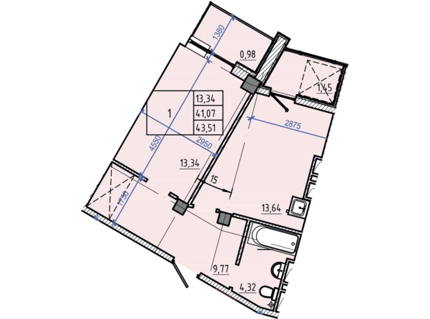 ЖК Авіаційний : планування 1-кімнатної квартири 43.51 м²