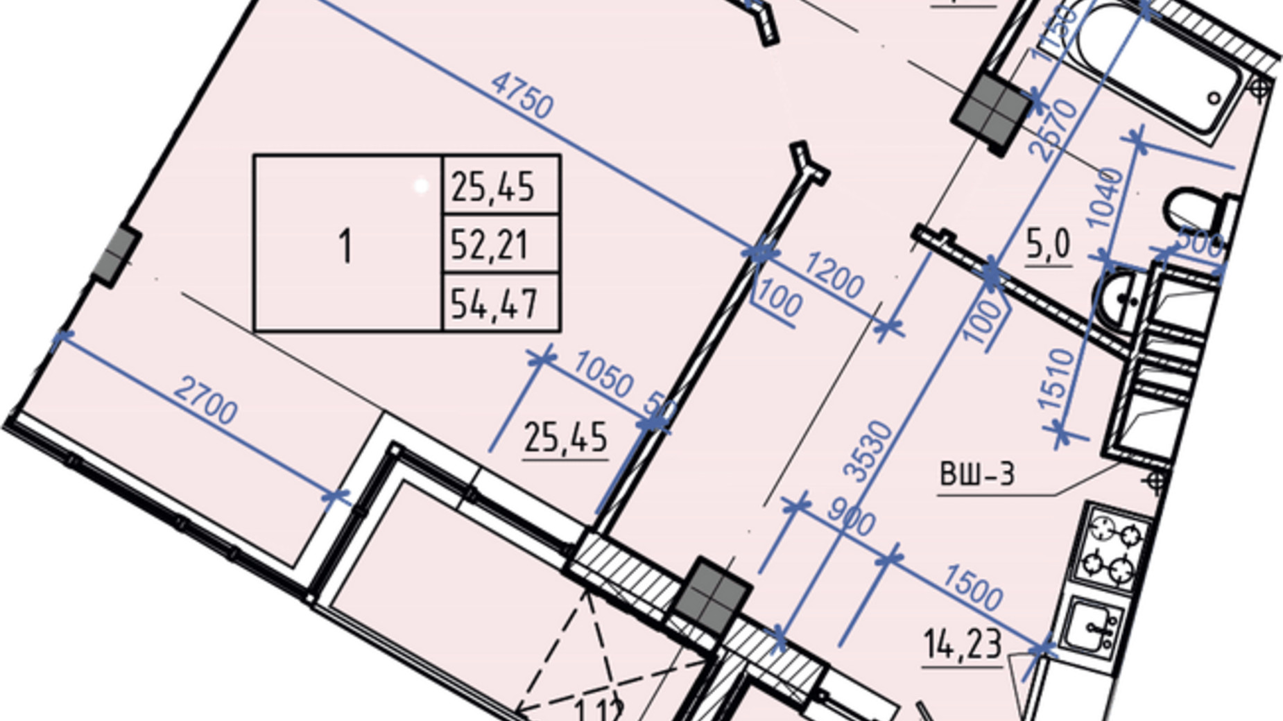 Планировка 1-комнатной квартиры в ЖК Авиационный 54.47 м², фото 364729