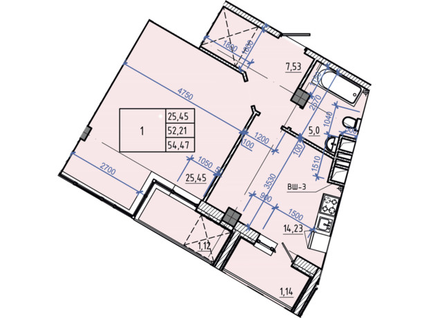 ЖК Авиационный: планировка 1-комнатной квартиры 54.47 м²