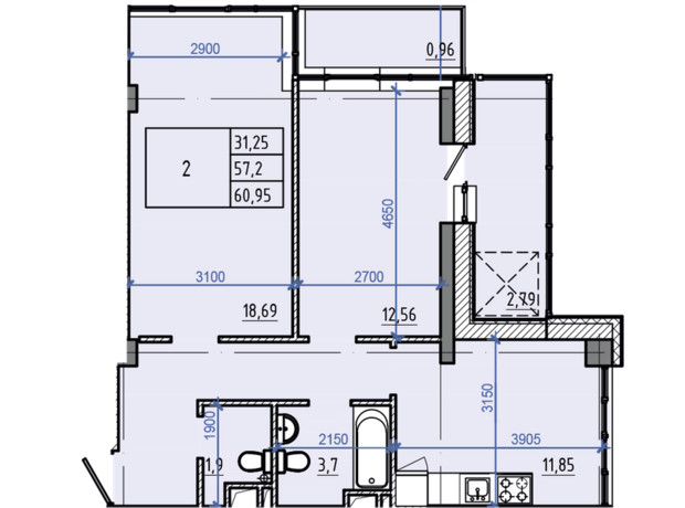 ЖК Авиационный: планировка 2-комнатной квартиры 60.95 м²