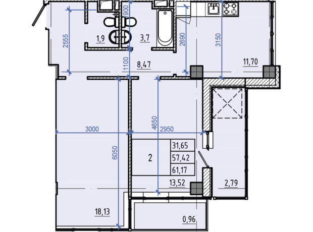 ЖК Авиационный: планировка 2-комнатной квартиры 61.17 м²