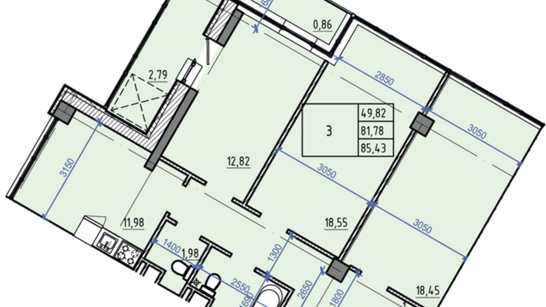 Планировка 3-комнатной квартиры в ЖК Авиационный 85.43 м², фото 364736