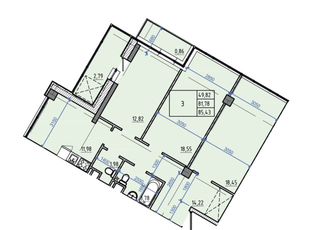ЖК Авіаційний : планування 3-кімнатної квартири 85.43 м²