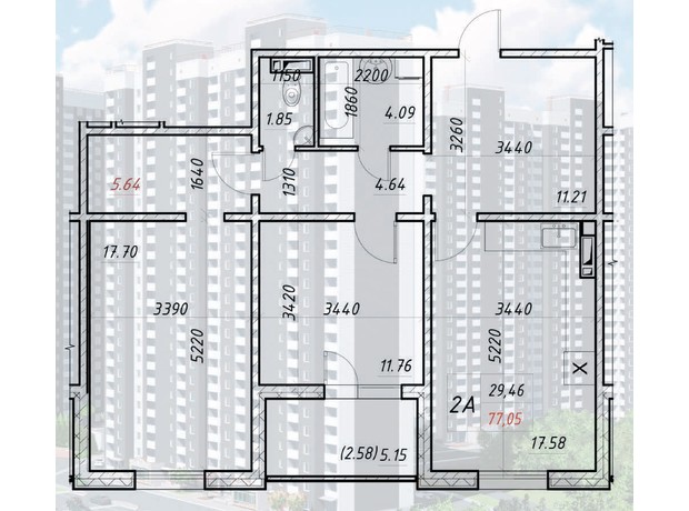 ЖК Деснянський: планировка 2-комнатной квартиры 77.05 м²