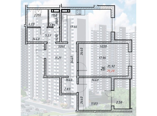 ЖК Деснянський: планування 2-кімнатної квартири 75.28 м²