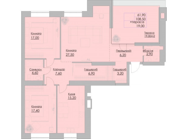 ЖК Греков Лес: планировка 3-комнатной квартиры 108.5 м²