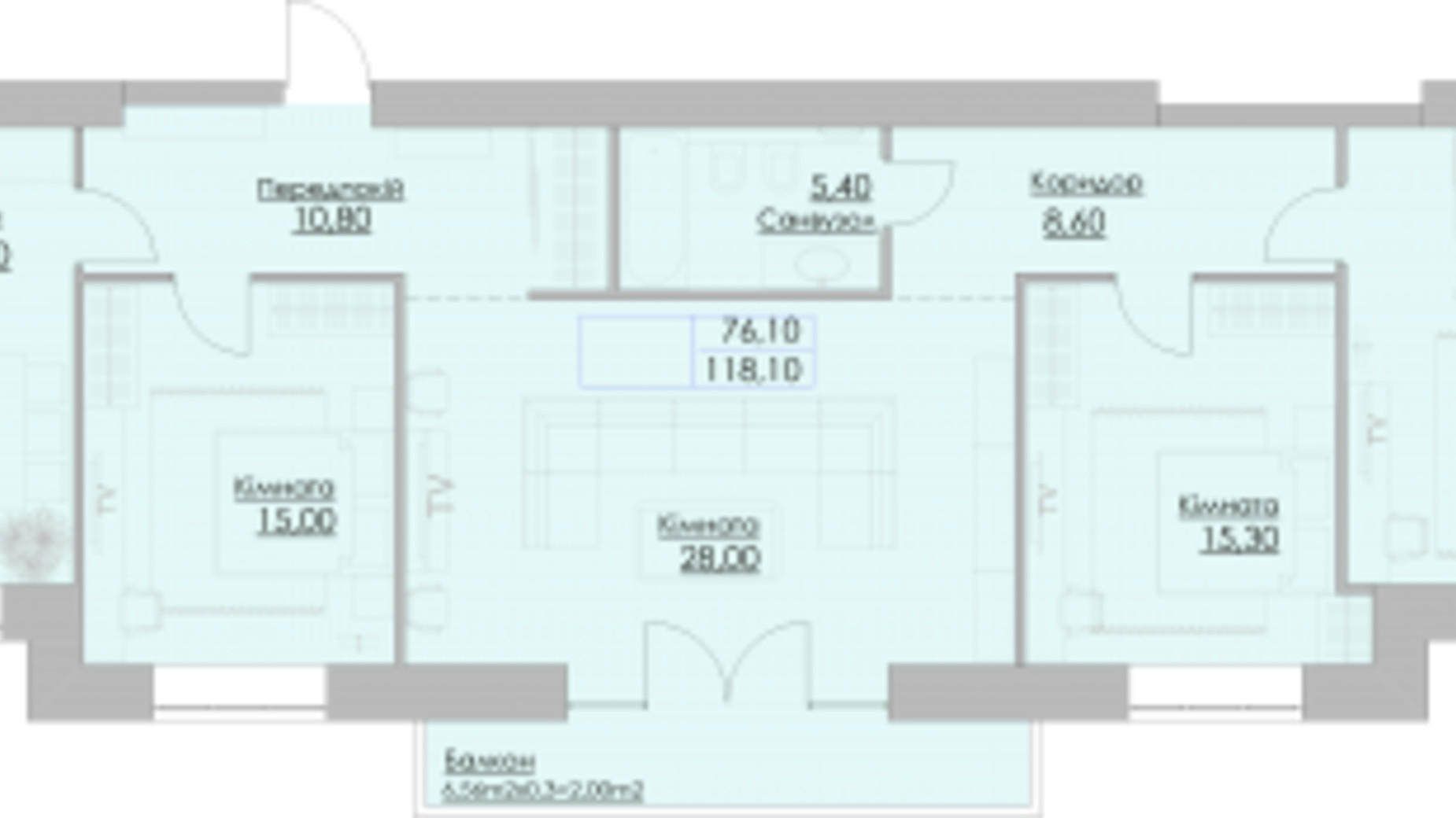 Планировка 4-комнатной квартиры в ЖК Греков Лес 118.1 м², фото 364763