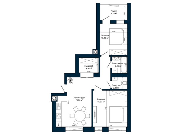 ЖК Атмосфера: планировка 2-комнатной квартиры 61.24 м²