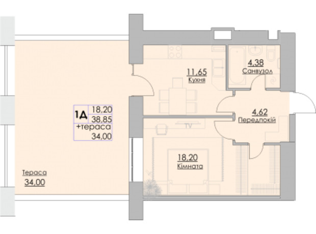 ЖК Греков Лес: планировка 1-комнатной квартиры 38.85 м²