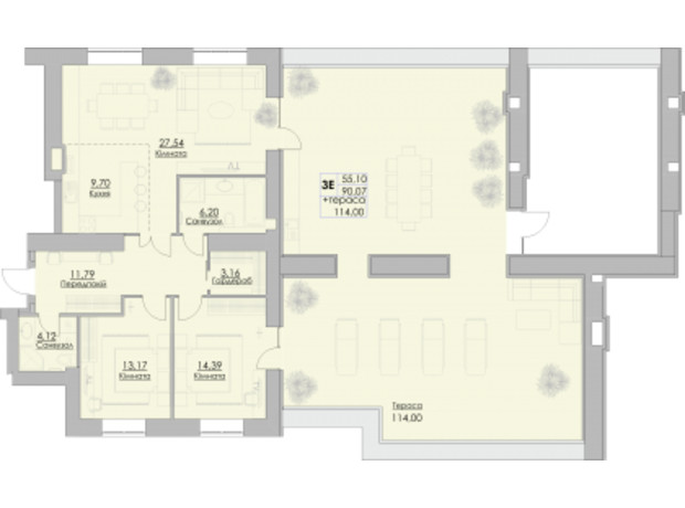 ЖК Греков Лес: планировка 3-комнатной квартиры 90.07 м²