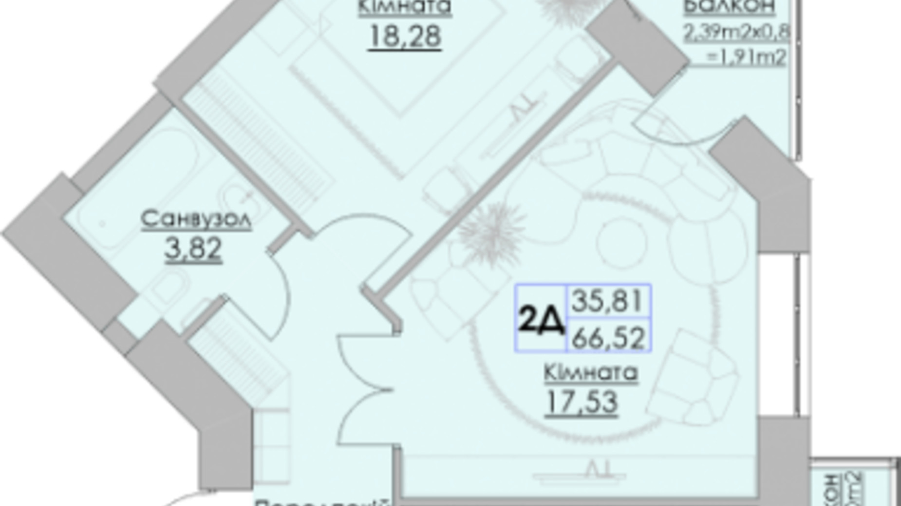 Планування 2-кімнатної квартири в ЖК Греків Ліс 66.52 м², фото 364783