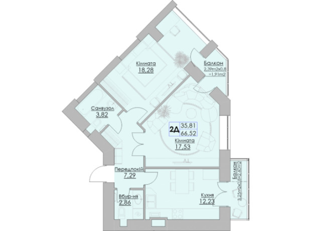 ЖК Греков Лес: планировка 2-комнатной квартиры 66.52 м²