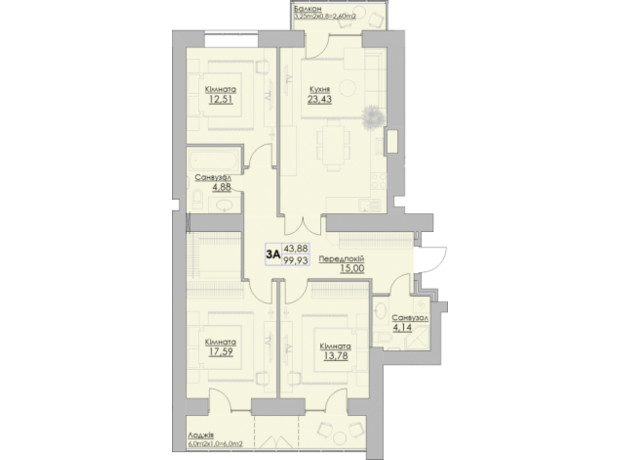 ЖК Греков Лес: планировка 3-комнатной квартиры 99.93 м²