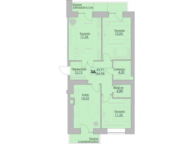 ЖК Греков Лес: планировка 3-комнатной квартиры 85 м²