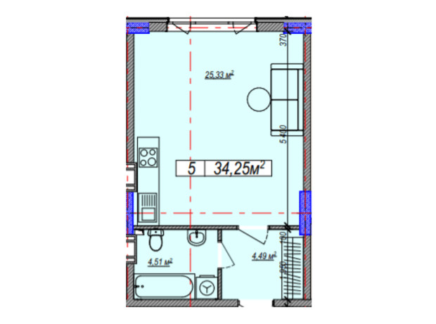 ЖК Family Life: планировка 1-комнатной квартиры 34.25 м²