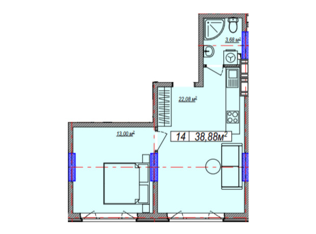 ЖК Family Life: планировка 1-комнатной квартиры 38.88 м²