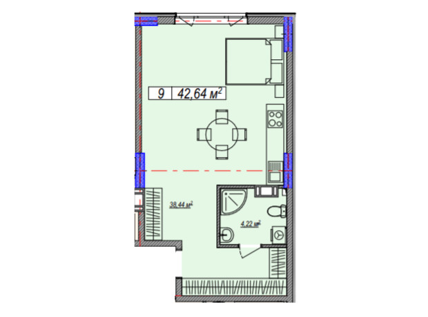 ЖК Family Life: планировка 1-комнатной квартиры 42.64 м²