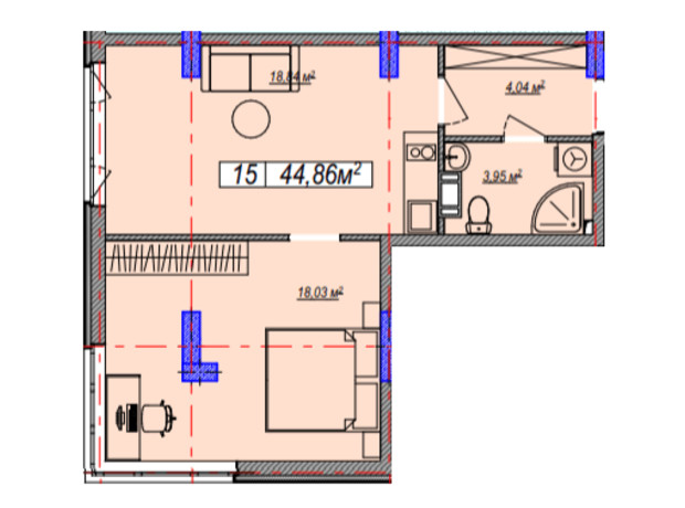 ЖК Family Life: планировка 1-комнатной квартиры 44.86 м²