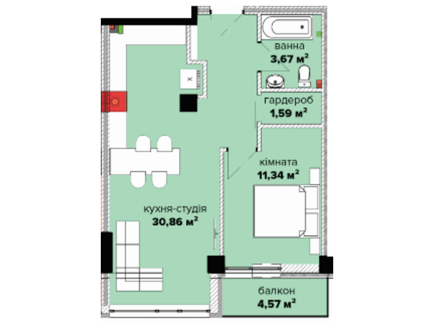 ЖК Park Residence: планування 1-кімнатної квартири 45.5 м²