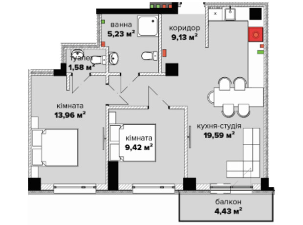 ЖК Park Residence: планування 2-кімнатної квартири 56.8 м²