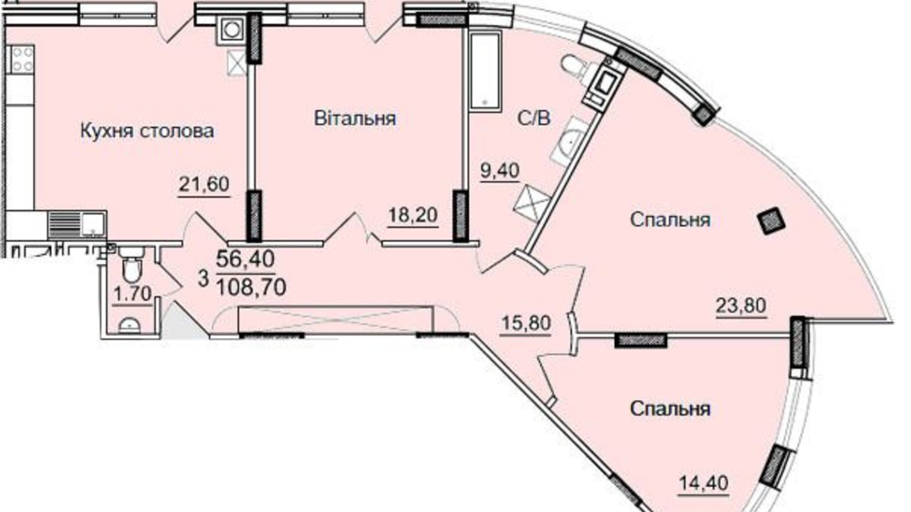 Планування 3-кімнатної квартири в ЖК Буковинський 108.7 м², фото 364978