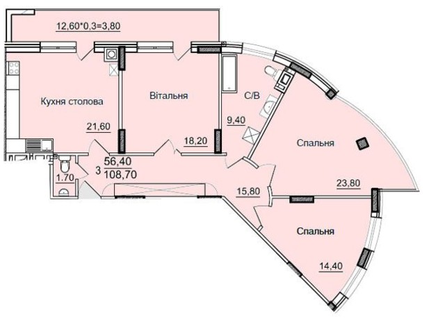 ЖК Буковинский: планировка 3-комнатной квартиры 108.7 м²