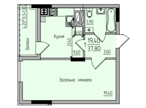 ЖК Comfort Hall: планування 1-кімнатної квартири 37.8 м²