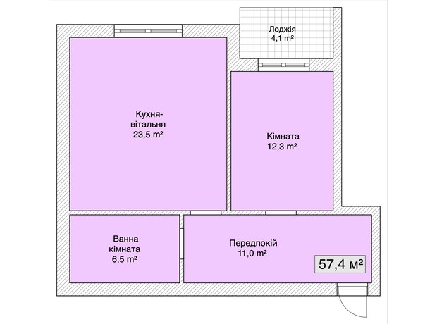 КБ Сіті Хаус №1: планування 1-кімнатної квартири 57.4 м²