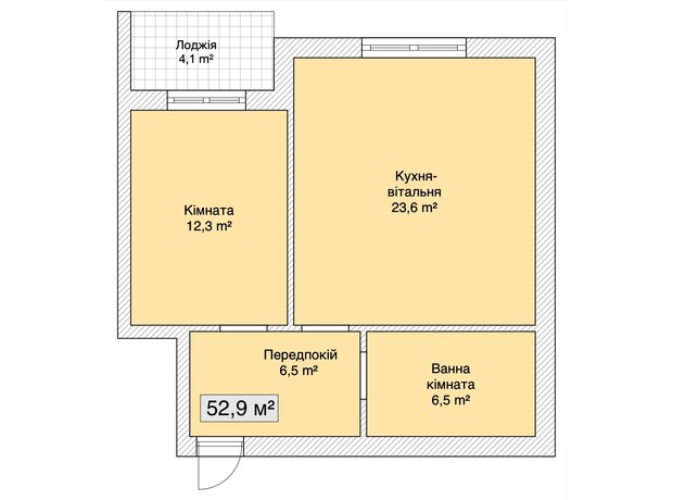 КБ Сіті Хаус №1: планування 1-кімнатної квартири 52.9 м²