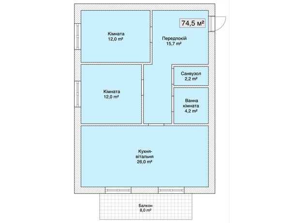 КБ Сіті Хаус №1: планування 2-кімнатної квартири 74.5 м²