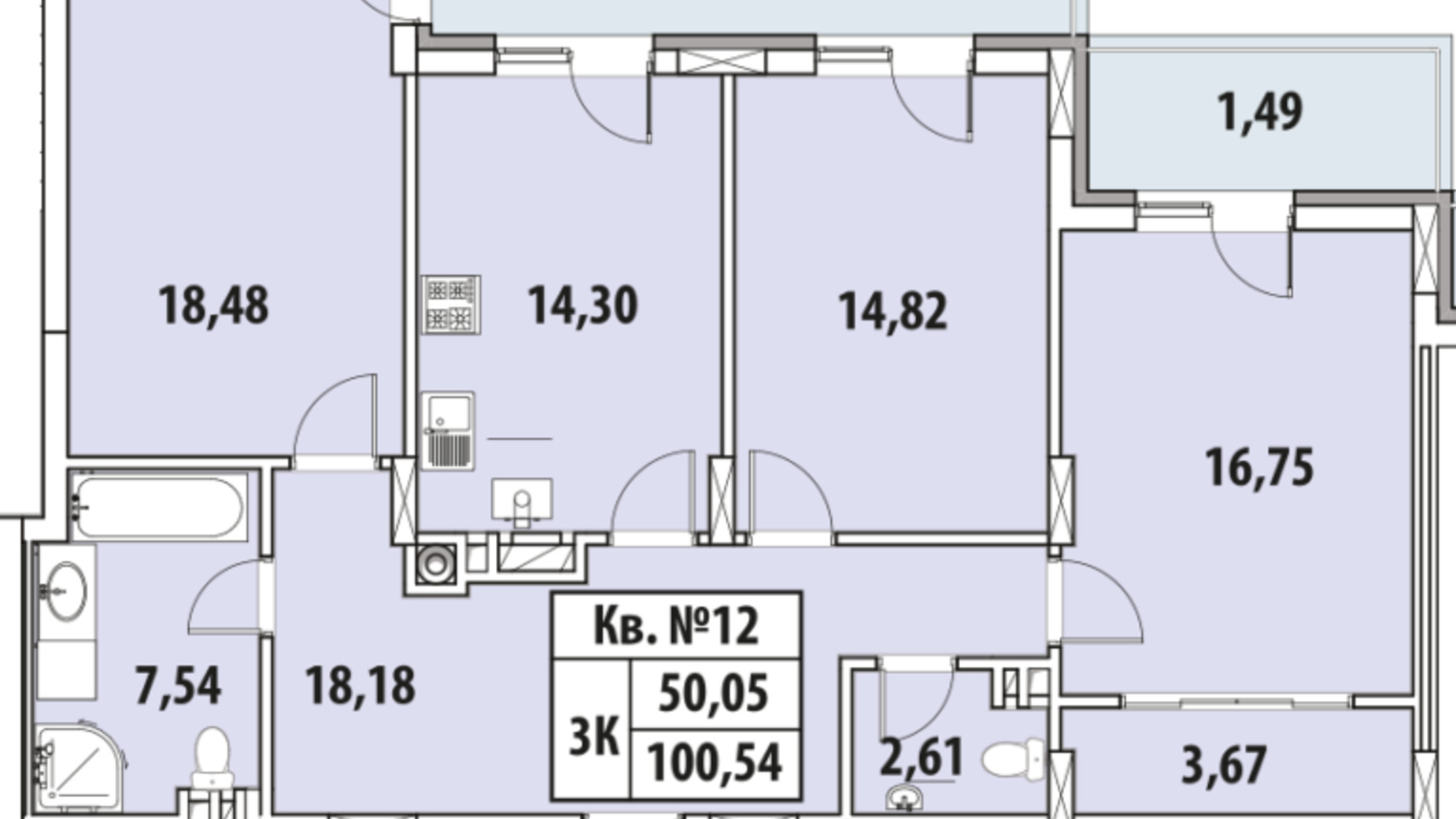 Планування 3-кімнатної квартири в ЖК Гіацинт-Люкс 100.54 м², фото 365075