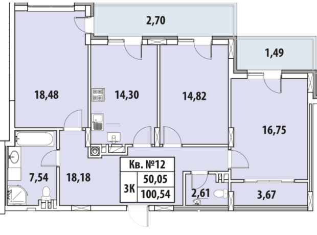 ЖК Гиацинт-Люкс: планировка 3-комнатной квартиры 100.54 м²