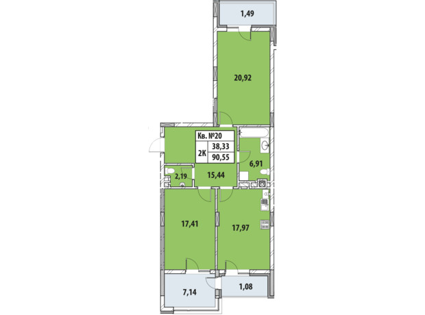 ЖК Гиацинт-Люкс: планировка 2-комнатной квартиры 90.55 м²