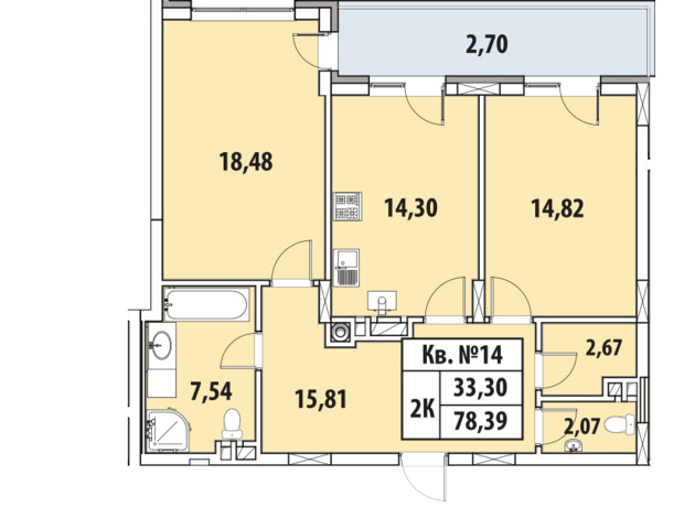 ЖК Гиацинт-Люкс: планировка 2-комнатной квартиры 78.39 м²