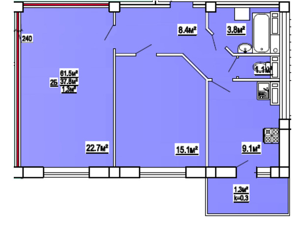 ЖК по ул. 3-й микрорайон 8: планировка 2-комнатной квартиры 61.5 м²