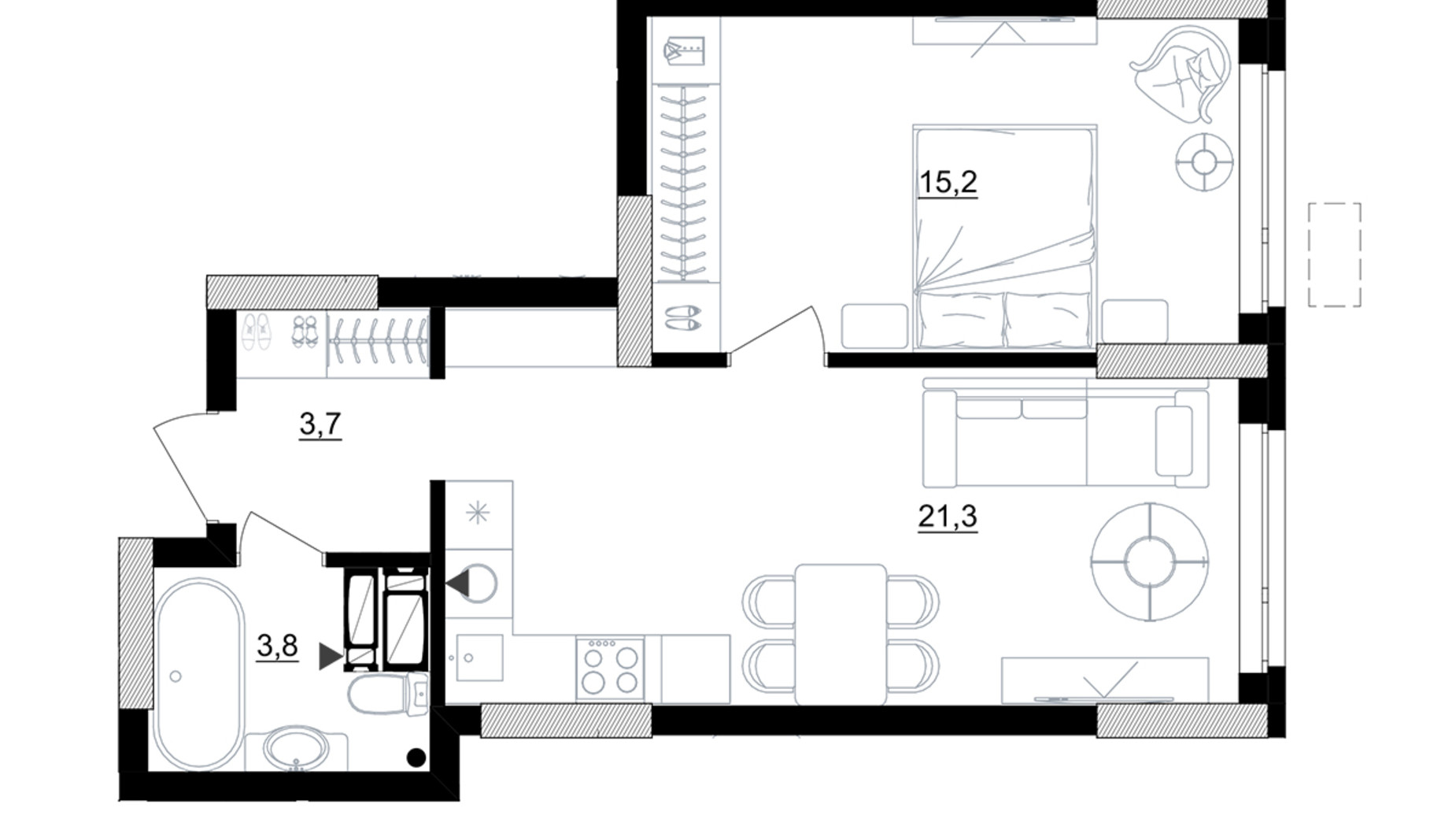 Планування 1-кімнатної квартири в ЖК Kub29 52.6 м², фото 365209