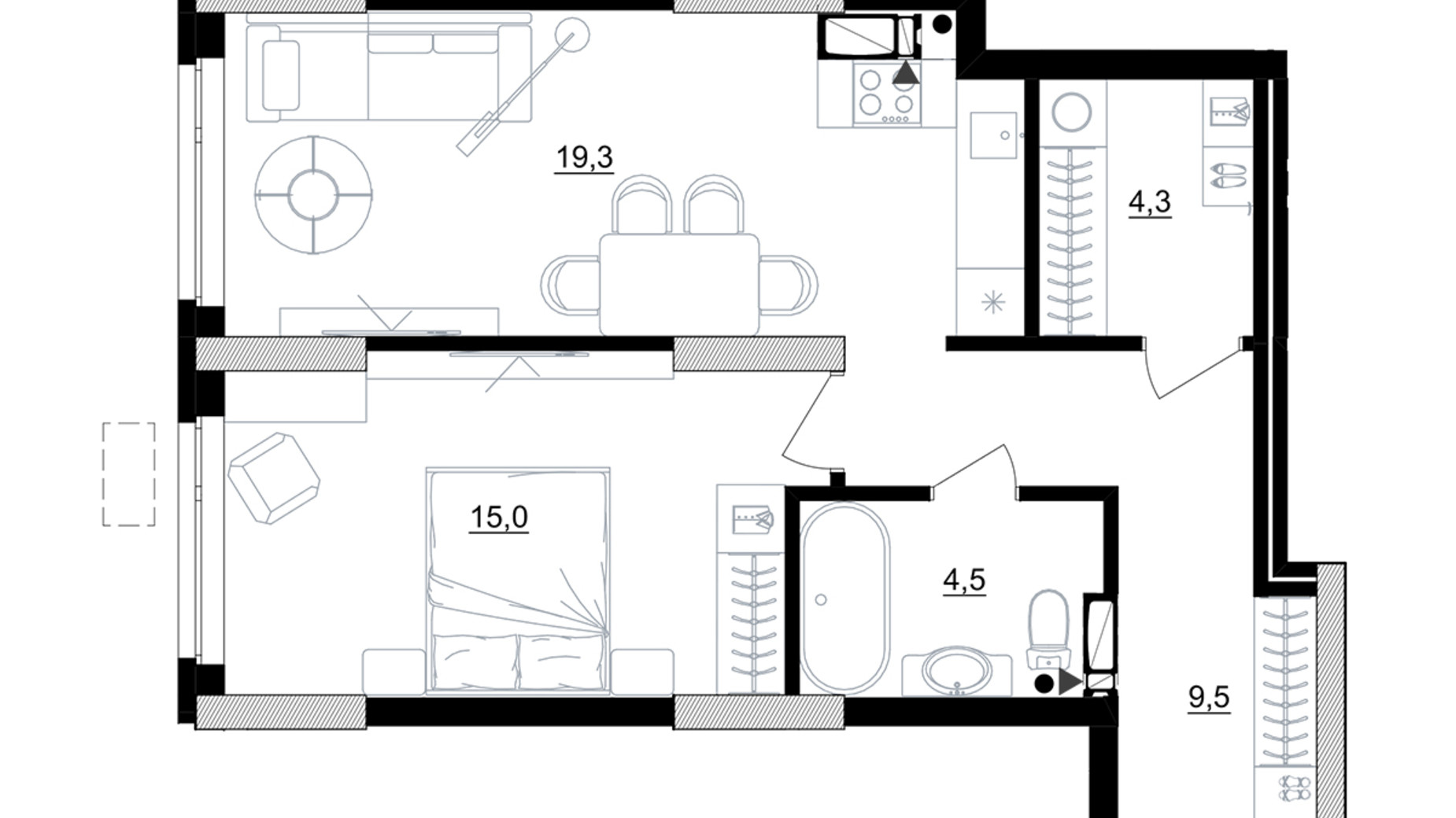 Планировка 1-комнатной квартиры в ЖК Kub29 52.6 м², фото 365213
