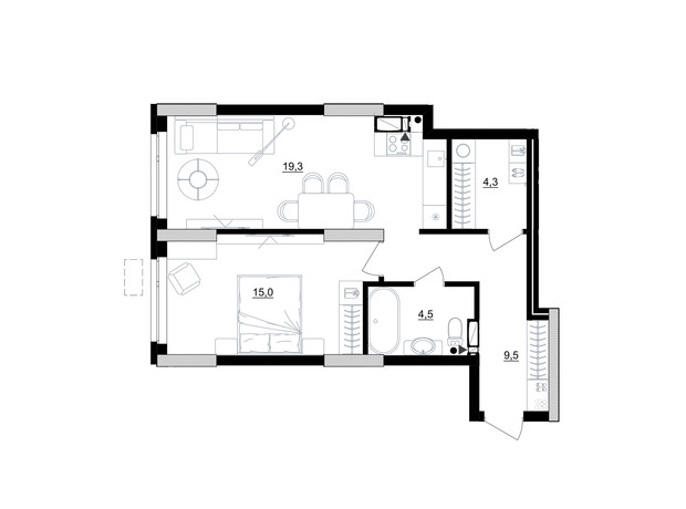 ЖК Kub29: планировка 1-комнатной квартиры 52.6 м²