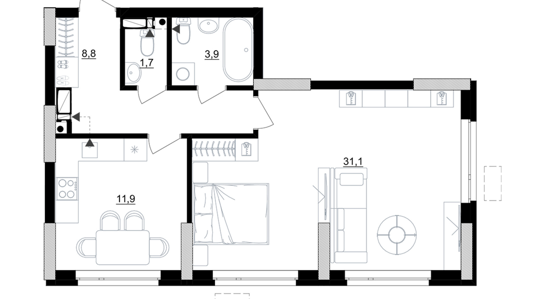 Планировка 1-комнатной квартиры в ЖК Kub29 57.4 м², фото 365214