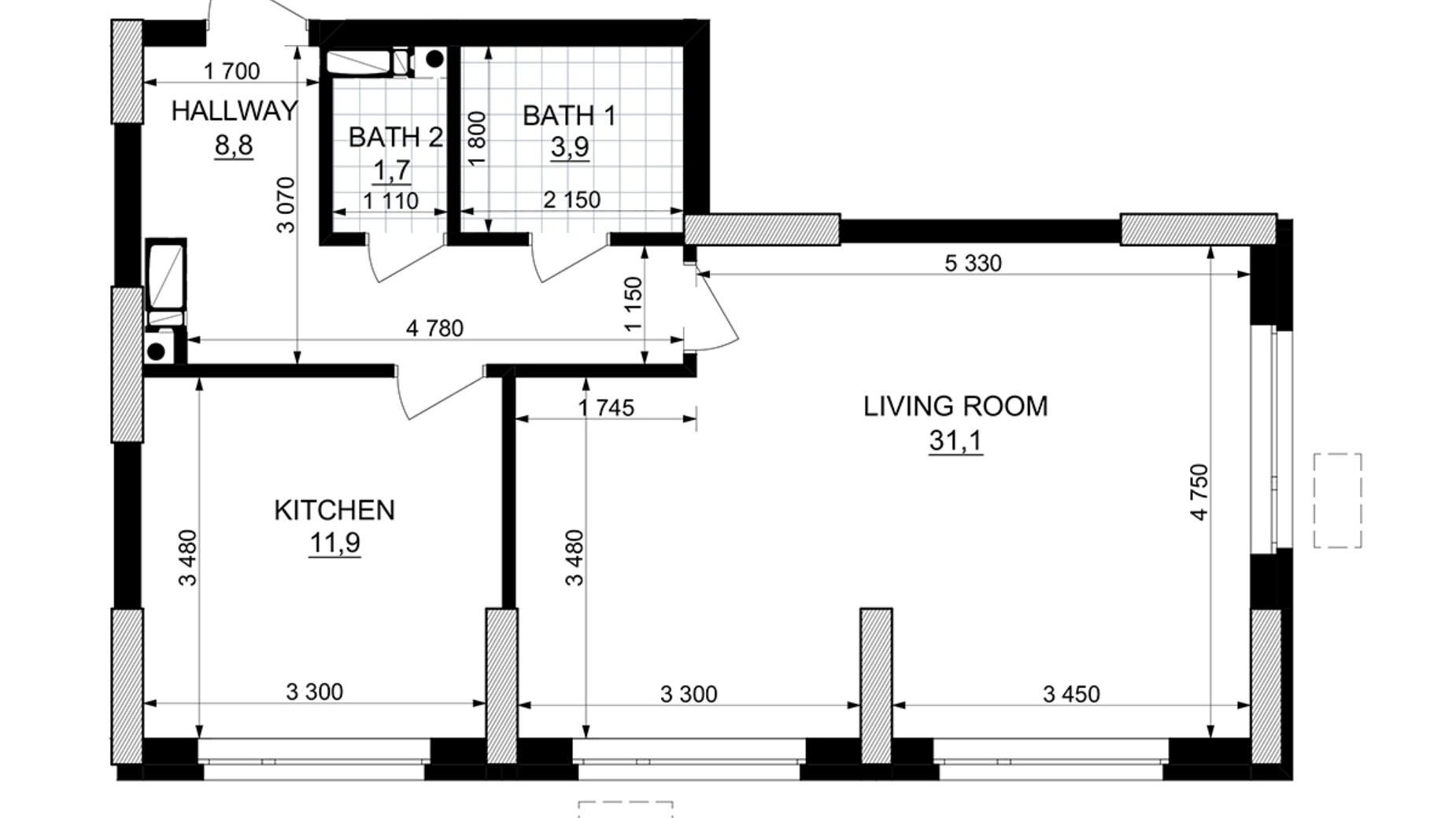 Планировка 1-комнатной квартиры в ЖК Kub29 57.4 м², фото 365215