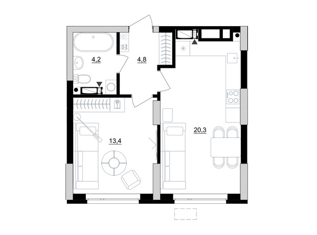 ЖК Kub29: планировка 1-комнатной квартиры 42.7 м²